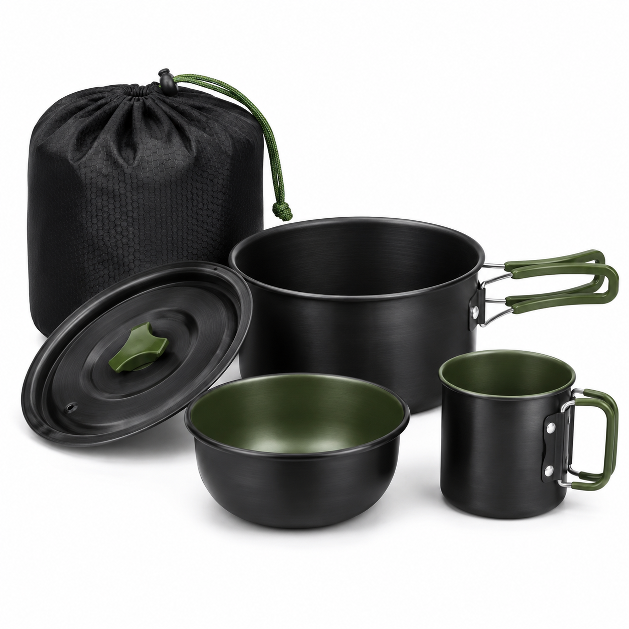 Popote de camping aluminium anodisé noir et vert 1 personne 5 pièces