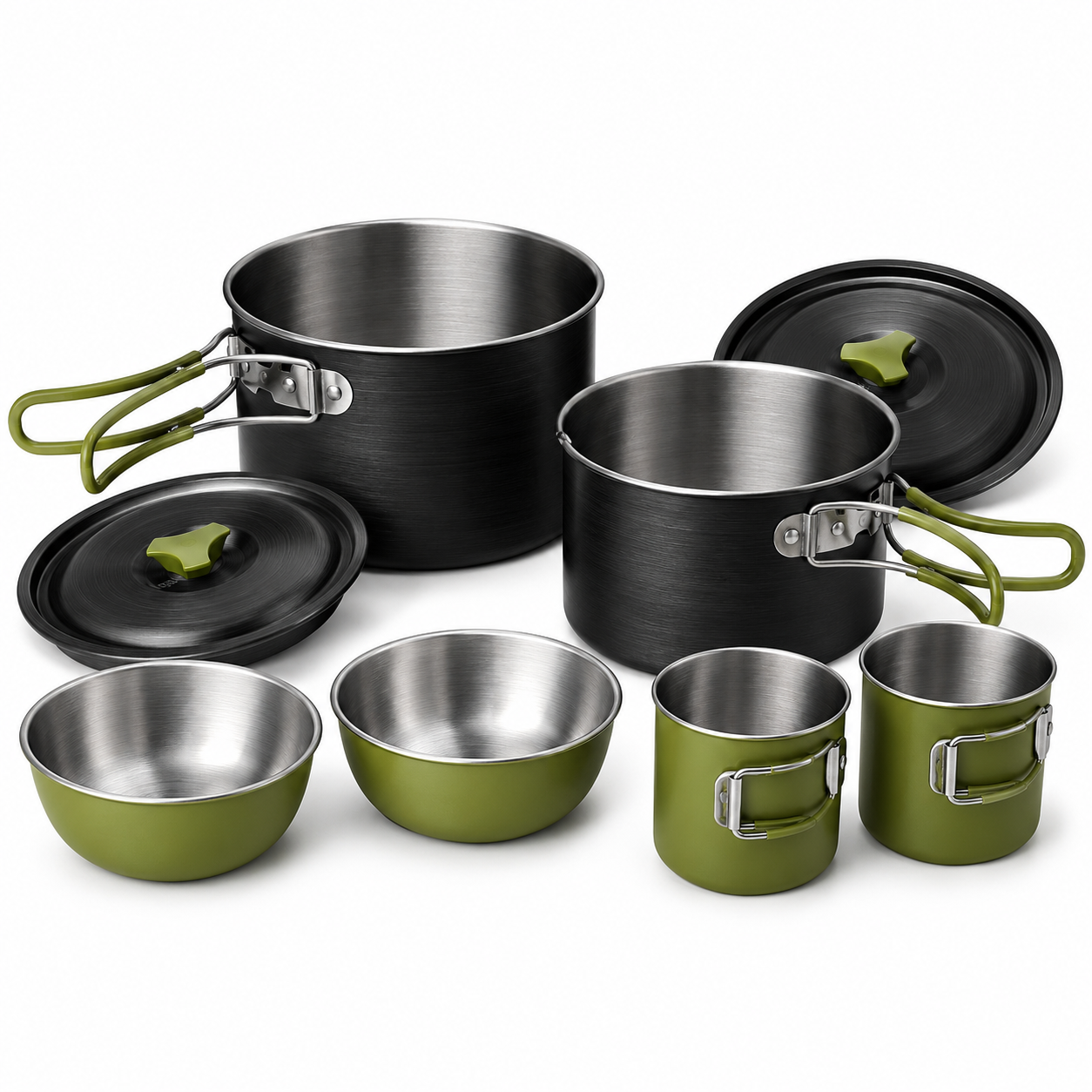 Popote de camping inox noire et verte 2 personnes 8 pièces