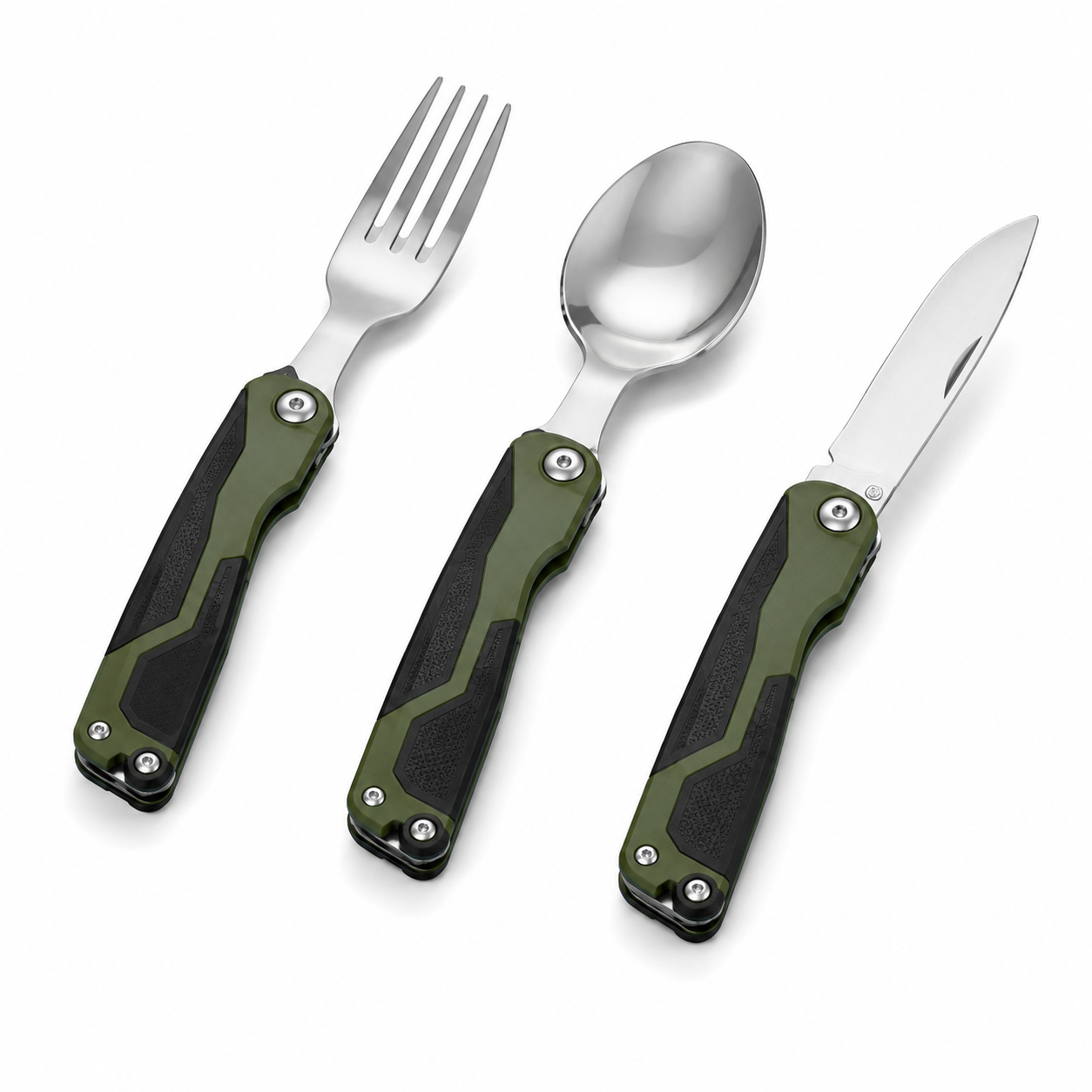 Couverts pliants de camping noir et vert 3 pièces