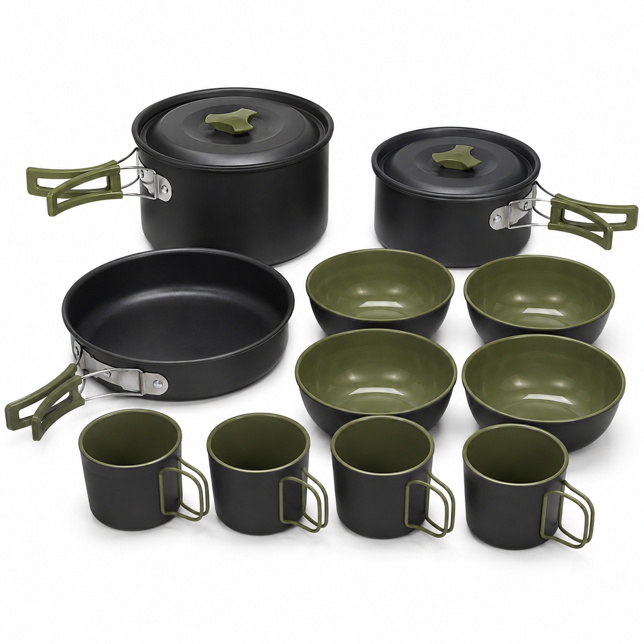 Ensemble de cuisson de camping noir et vert 4 personnes 12 pièces