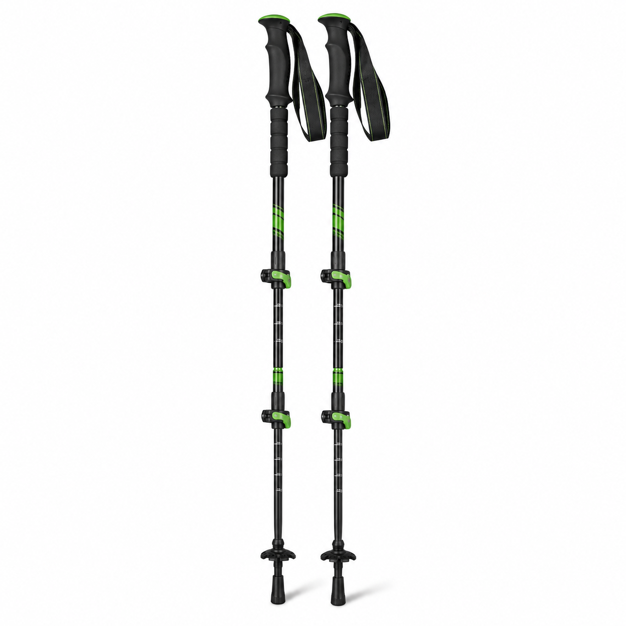 Paire de bâtons de trek trois brins à verrouillage rapide noir et vert 65–135 cm