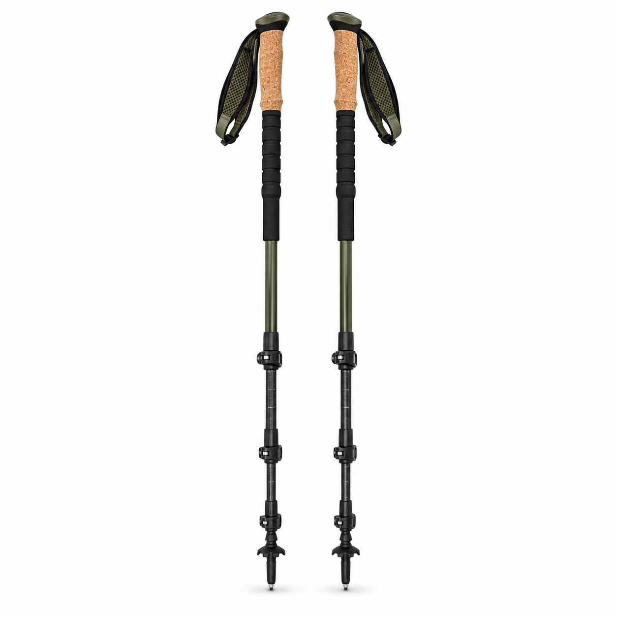 Paire de bâtons de randonnée poignées liège vert olive et noir 63–135 cm