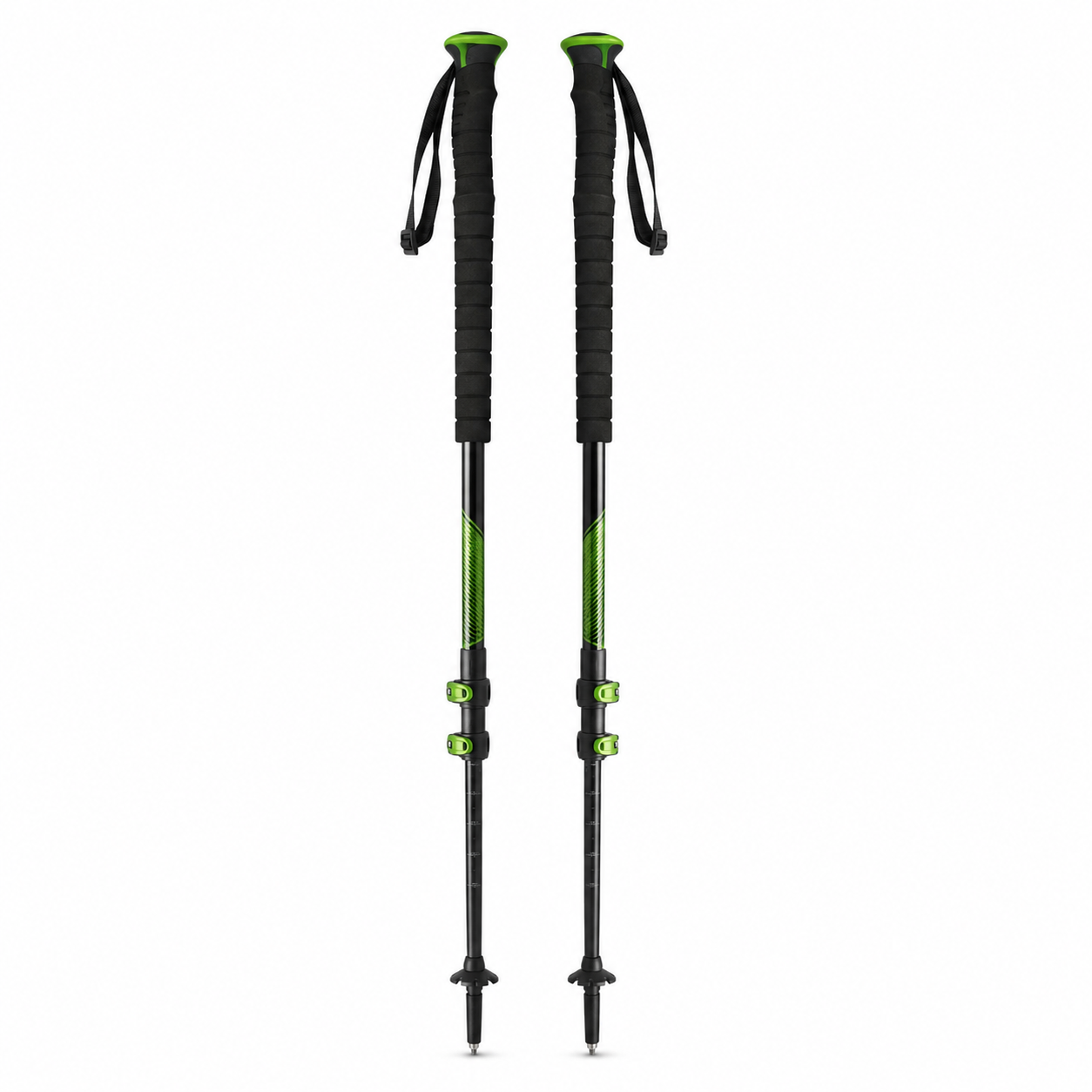 Paire de bâtons de randonnée poignées EVA longues noir et vert 65–135 cm