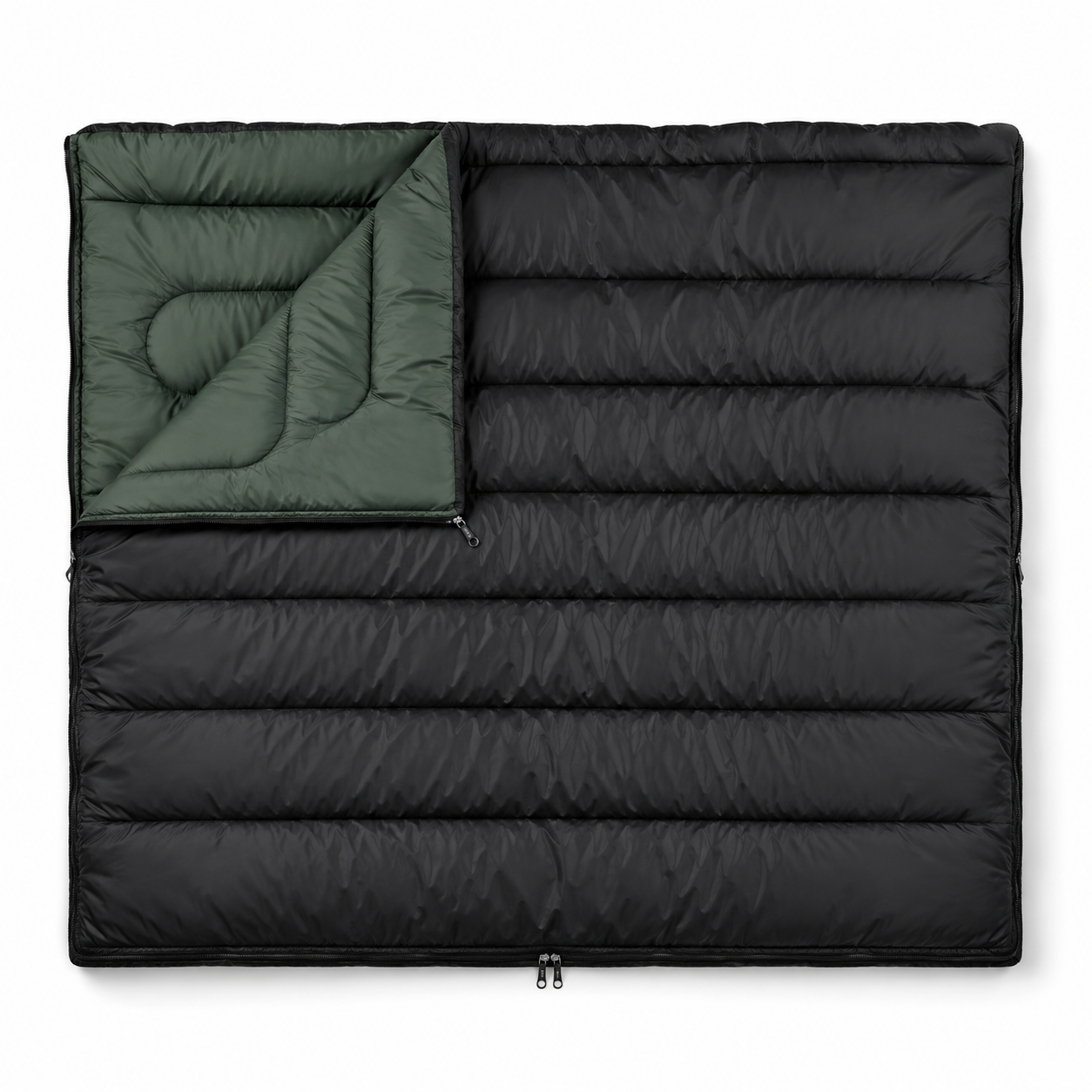 Sac de couchage rectangulaire grande largeur noir et vert forêt 220 × 90 cm