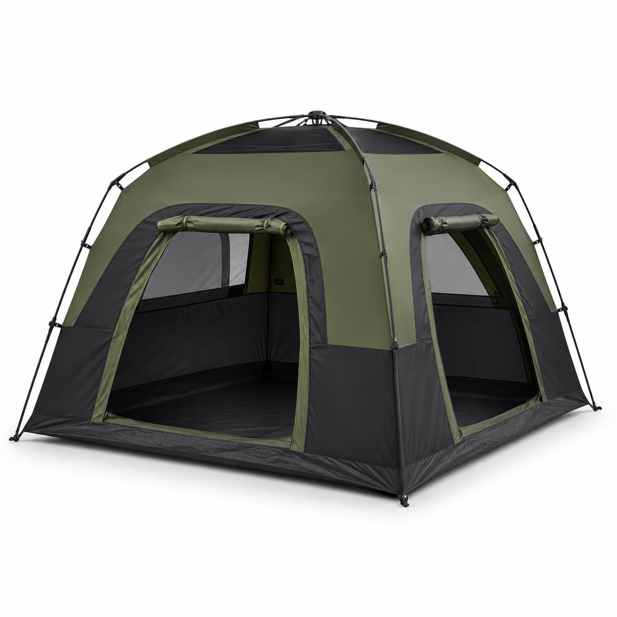 Tente de camping 4 places à double entrée noir et vert olive 240 × 240 × 150 cm